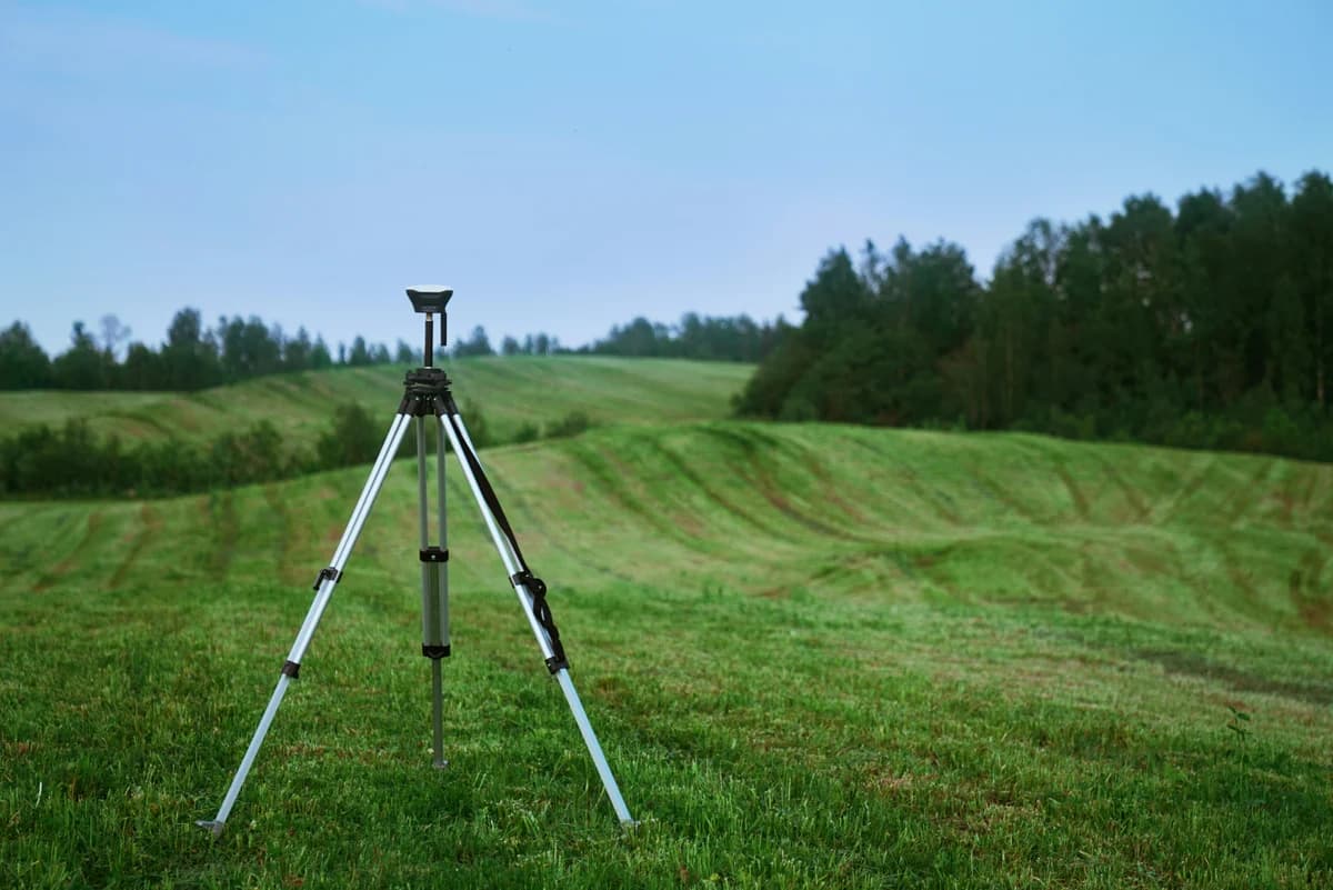 Receptor GNSS sobre un trípode en un campo, fotografía de Valerie V